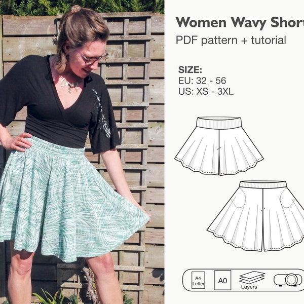 Women skort sewing pattern, mini culotte, divided skirt, trouser skirt, pantskirt, skirt like shorts, circle shorts, wide legged shorts