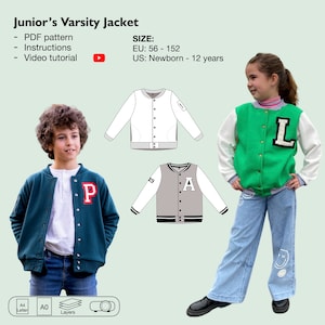 Kids varsity jacket pdf sewing pattern, children bomber jacket, lined college jacket, letterman jacket pattern, baseball jacket, maverick