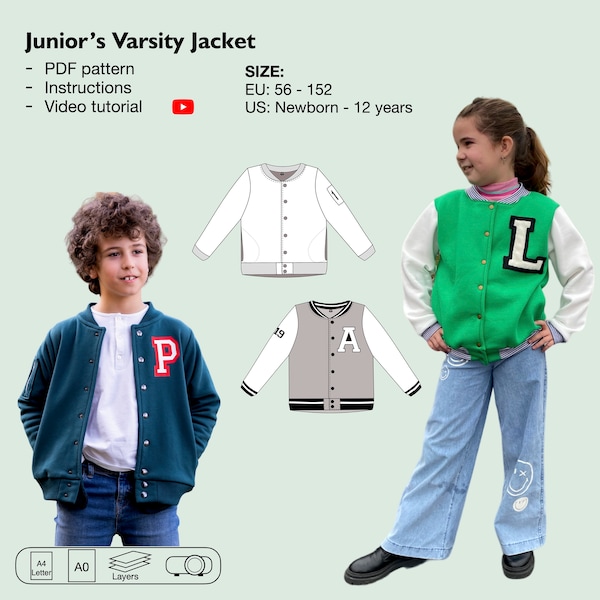 Kids varsity jacket pdf sewing pattern, children bomber jacket, lined college jacket, letterman jacket pattern, baseball jacket, maverick