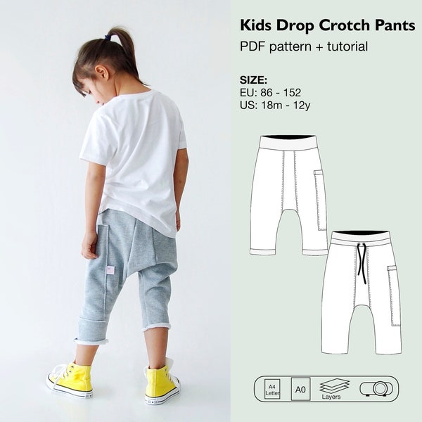 Kids drop crotch pants sewing pattern, baby harem pants, boys and girls harems, jogger pants, loose fit pants, deep crotch pants, sweatpants
