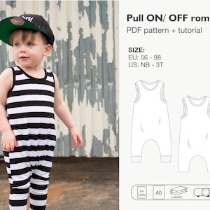 May include: A black and white striped romper pattern for babies and toddlers. The pattern is available in sizes EU 56-98 and US NB-3T. The pattern includes a PDF tutorial and is available in A4 and A0 sizes.