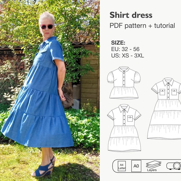 Women tiered dress sewing pattern, high waist dress, tiered blouse with front pockets, tiered tunic, ruffle sleeve dress, puffed sleeve blouse