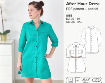 Long shirt dress pattern, women summer dress pdf pattern, linen dress pattern, blouse dress, front button dress sewing pattern, blouse dress