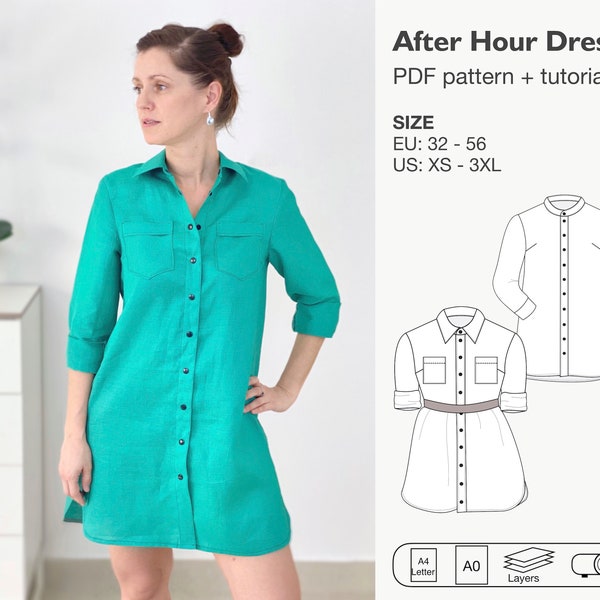 Long shirt dress pattern, women summer dress pdf pattern, linen dress pattern, blouse dress, front button dress sewing pattern, blouse dress