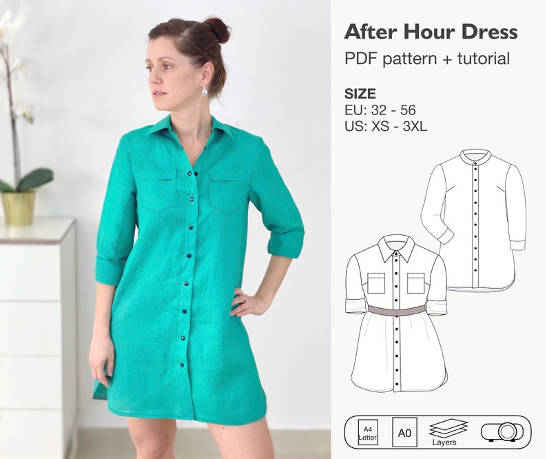 May include: A PDF sewing pattern for an After Hour Dress. The pattern includes instructions for sizes EU 32-56 and US XS-3XL. The image shows a woman wearing a teal version of the dress and a line drawing of the dress.