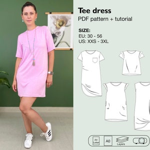 Tee dress sewing pattern, t shirt dress mini and maxi length pdf pattern, shirt with ruffles, side slit dress, dress with pockets pattern