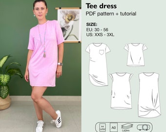 Tee dress sewing pattern, t shirt dress mini and maxi length pdf pattern, shirt with ruffles, side slit dress, dress with pockets pattern
