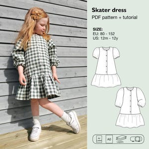 Könnte beinhalten: Ein PDF-Schnittmuster und eine Anleitung für ein skaterkleid für Mädchen. Das Schnittmuster umfasst die Größen EU 80-152 und US 12m-12y. Das Bild zeigt ein junges Mädchen, das ein grün-weiß kariertes Kleid trägt, und eine Strichzeichnung des Kleides.