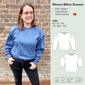 Puede incluir: Un suéter azul con mangas abullonadas. El suéter se muestra en una modelo y también como un dibujo de línea. El texto en la imagen dice "Women Billow Sweater", "PDF pattern", "Instructions", "Video tutorial", "SIZE: EU: 30 - 56 US: XXS - 3XL", "A4 Letter", "A0", "Layers".