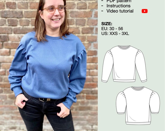 Women pleated sleeves sweater sewing pattern, puffed sleeves shirt, oversized sweater, easy crewneck sweatshirt, woman sweatshirt