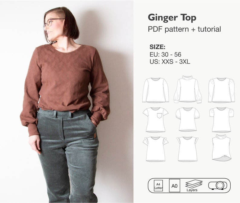 K&ouml;nnte beinhalten: Ein braunes Langarm-Oberteil mit Rundhalsausschnitt. Das Bild zeigt verschiedene Variationen des Oberteils, darunter kurze &Auml;rmel, Puff&auml;rmel und eine &auml;rmellose Option. Der Text auf dem Bild lautet "Ginger Top", "PDF pattern + tutorial", "SIZE: EU: 30 - 56 US: XXS - 3XL", "A4 Letter", "A0", "Layers".