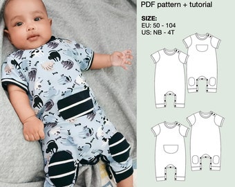 Baby bodysuit pdf sewing pattern, boy and girl romper, jumpsuit pattern, children dungaree, baby sewing pattern, overall, instant download