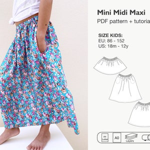 Girls mini midi maxi skirt sewing pattern, long skirt pattern, skirt pdf pattern, twirl skirt, bohemian skirt, skirt projector file pattern