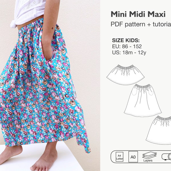 Girls mini midi maxi skirt sewing pattern, long skirt pattern, skirt pdf pattern, twirl skirt, bohemian skirt, skirt projector file pattern