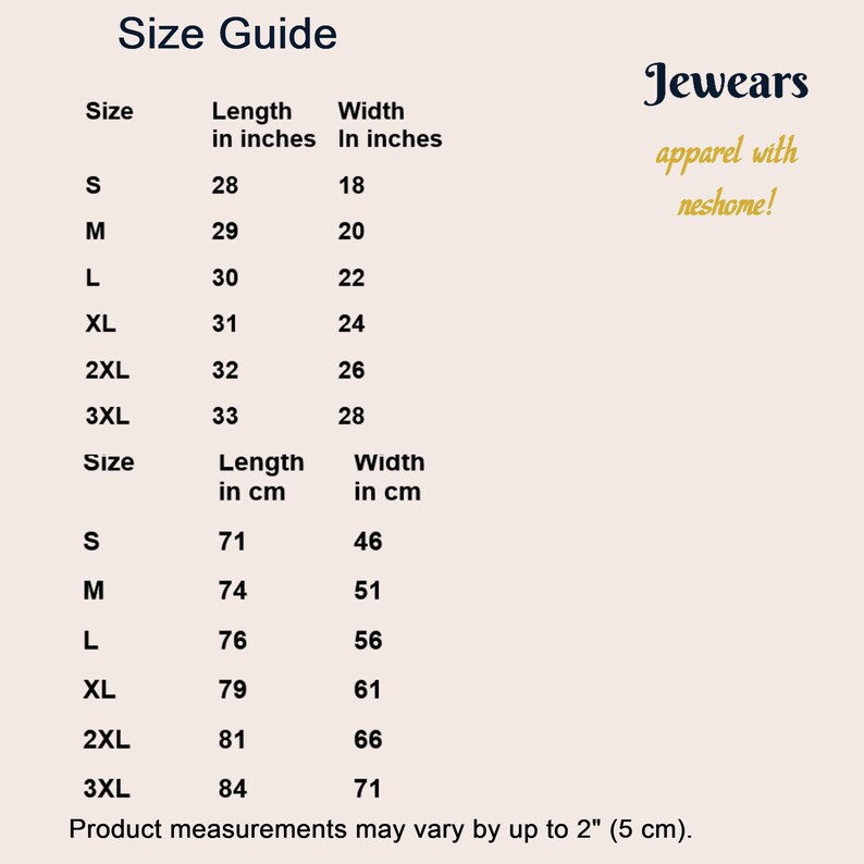 Size guide
size, lenght, width in inches
S	28  18	   
M	29  20	      
L	30  22	    
XL	31  24	      
2XL	32  26	      
3XL 33  28	
Size, lenght, width in cm
S	71   46
M	73   51
L	76   56
XL	79   61
2XL	81   66
3XL 84   71
Product measurements may vary by up to 2 inch - 5 cm