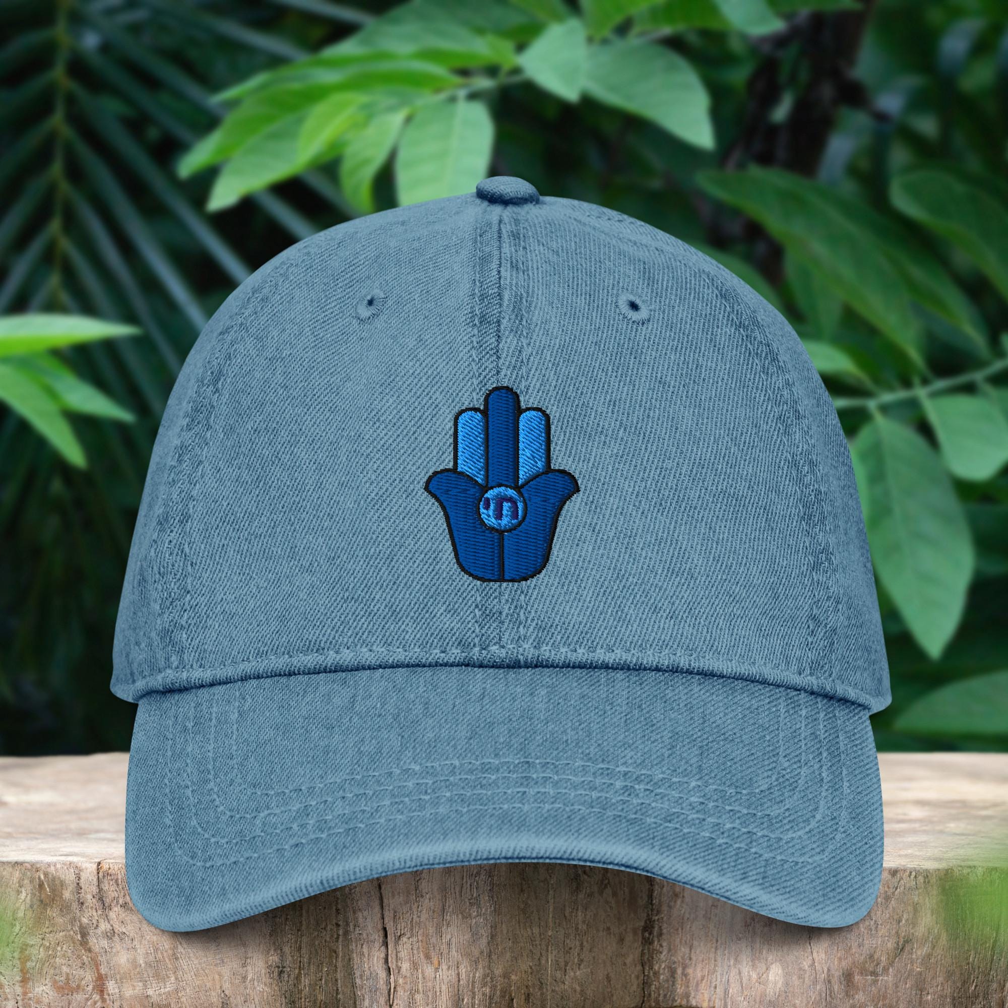 Hamsa with Hebrew Chai spiritual embroidered denim hat, Blue or red shades embroidery unisex baseball cap