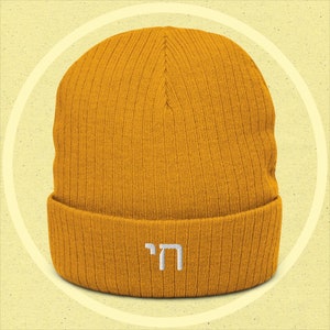 Hebrew Chai embroidered recycled cuffed beanie, Jewish symbol unisex winter hat, Hebrew letter embroidery