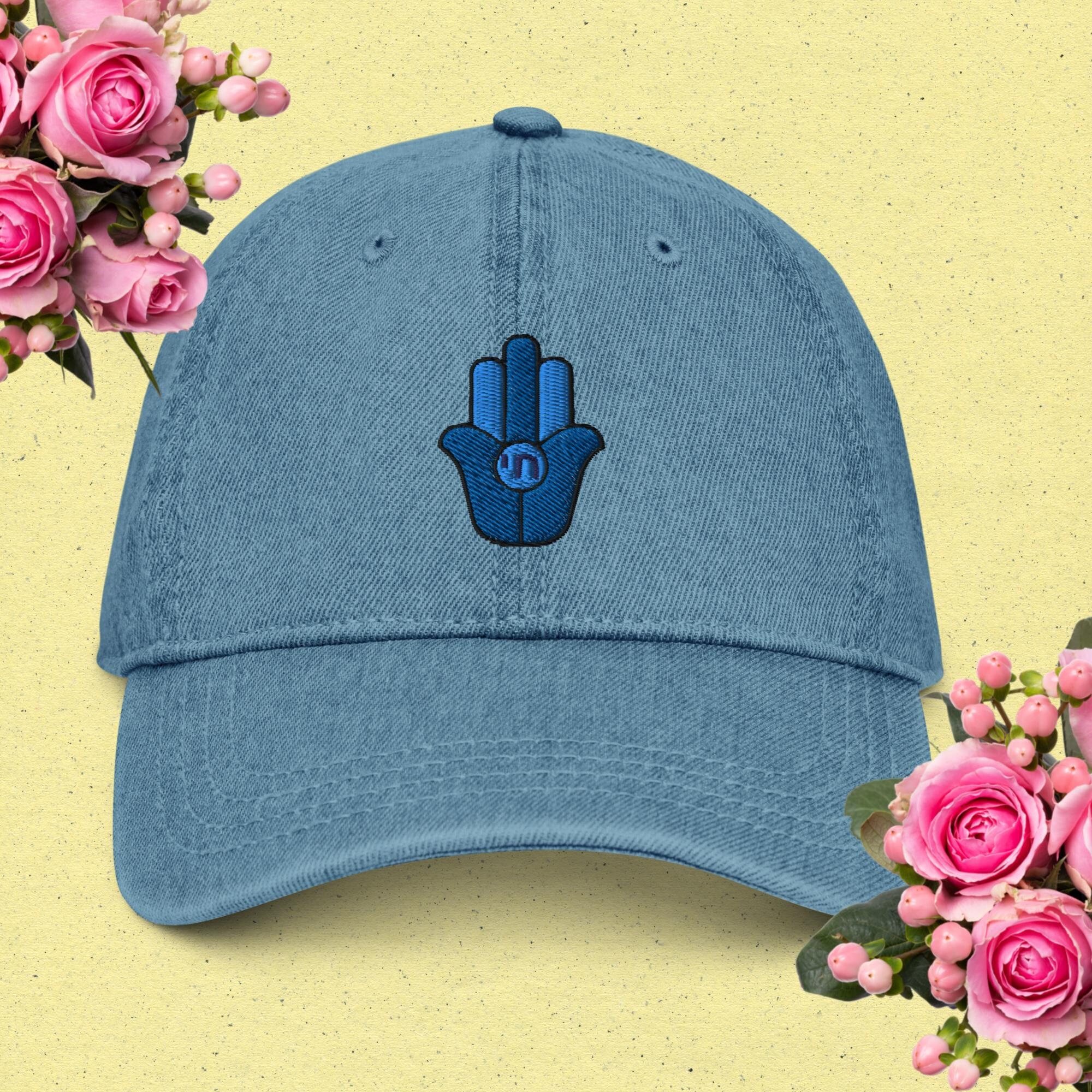 Hamsa with Hebrew Chai spiritual embroidered denim hat, Blue or red shades embroidery unisex baseball cap