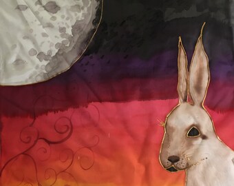 Dark Moon Hare - hand painted silk scarf to wear or hang on your wall