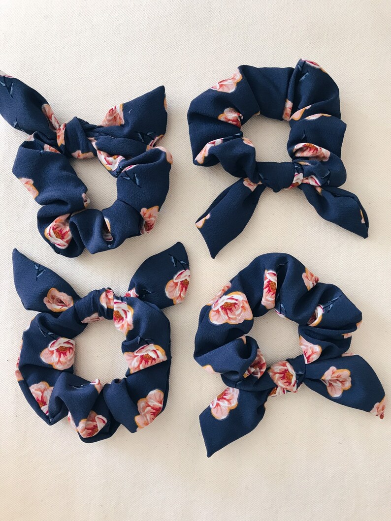 Top Knot Bow Scrunchie Hair Tie Blue Pink Peony Etsy