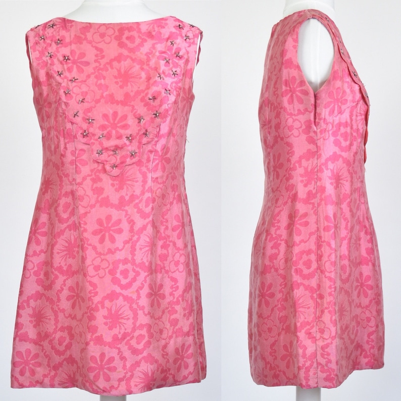 Vintage size 12 1960s two tone pink floral brocade mini dress with beaded front
