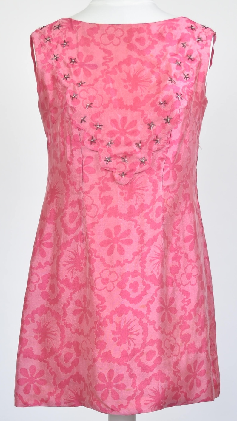 Vintage size 12 1960s two tone pink floral brocade mini dress with beaded front