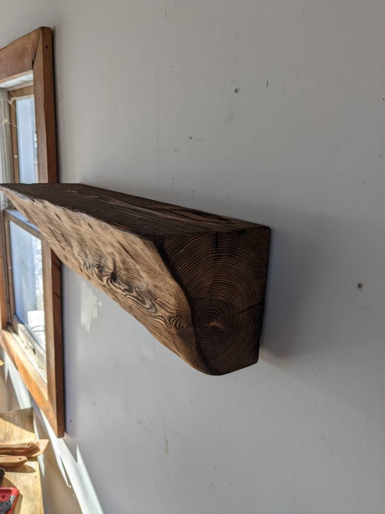 Rustic Live Edge Floating Shelf | Thick Wooden Beam Mantle for Fireplace | Reclaimed Wood Decor