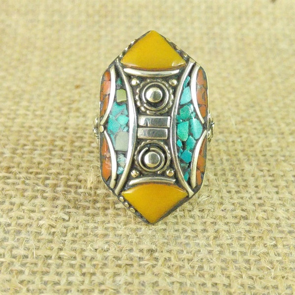 Ring Tibetan ethnic mask tribal turquoise resin boho style