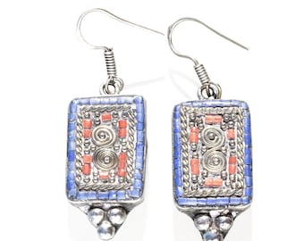 Ethnic earrings, Tibetan boho style restangular s pencil