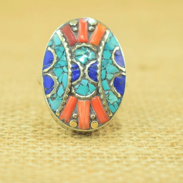 Tricolor ethnic Tibetan boho ring, boho style gypsy hippie tribal