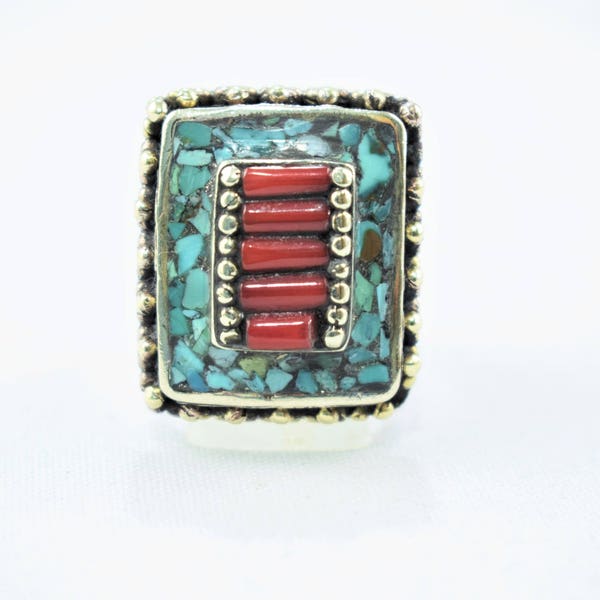 Tibetan ethnic ring, boho style gypsy hippie tribal vintage carving U. S 8 3/4