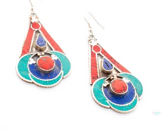 Tibetan ethnic earrings, long lapis and turquoise coral net center. Vintage hippie boho style