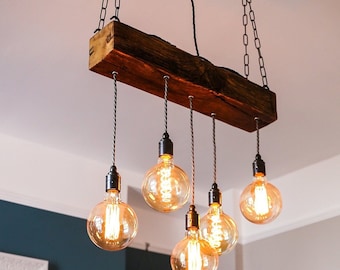 Solid Oak Wood Beam Chandelier | Rustic Kitchen Island Pendant Light