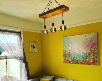 Wooden Beam Light with Three Bulbs | Rustic Kitchen Island Chandelier | Handmade British Dining Table Lighting | Farmhouse Pendant