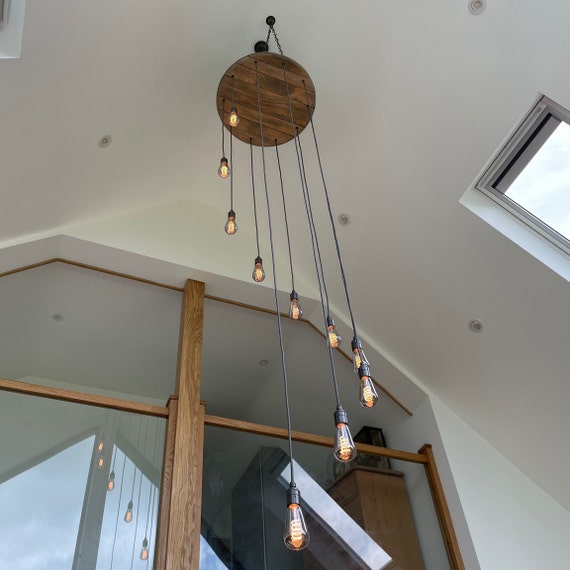 Spiral 10 Lamp Oak Whiskey Barrel Chandelier Cluster Pendant Light