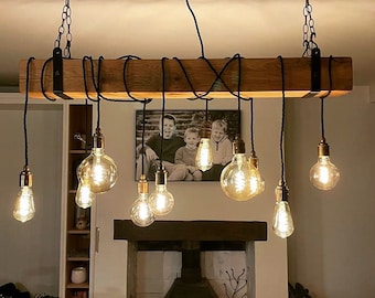 Wood Beam Light Chandelier with Wrapped Cables and Steel Brackets Ceiling Cluster Pendant Dining Room, Kitchen or Bar