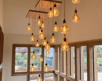 Modern Oak Stairwell Chandelier | Square Wooden Multi Pendant Light | Double Height Entrance Light