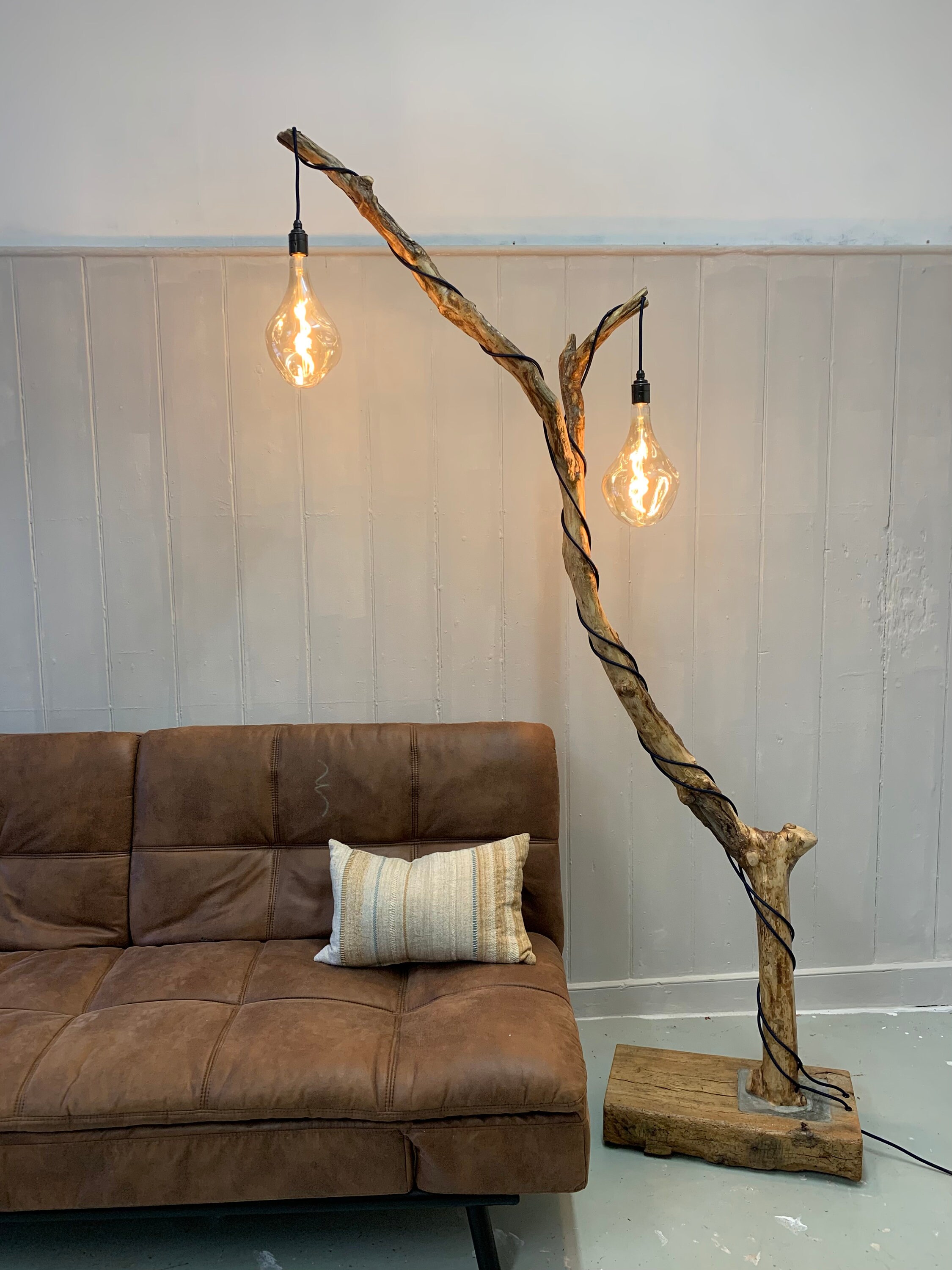 Floor Lamp Made From a Natural Branch Set Into a Reclaimed Wood