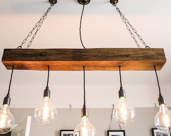 Crafted Oak Elegance: 1m 5-Light Wooden Beam Chandelier Rustic Pendant Light