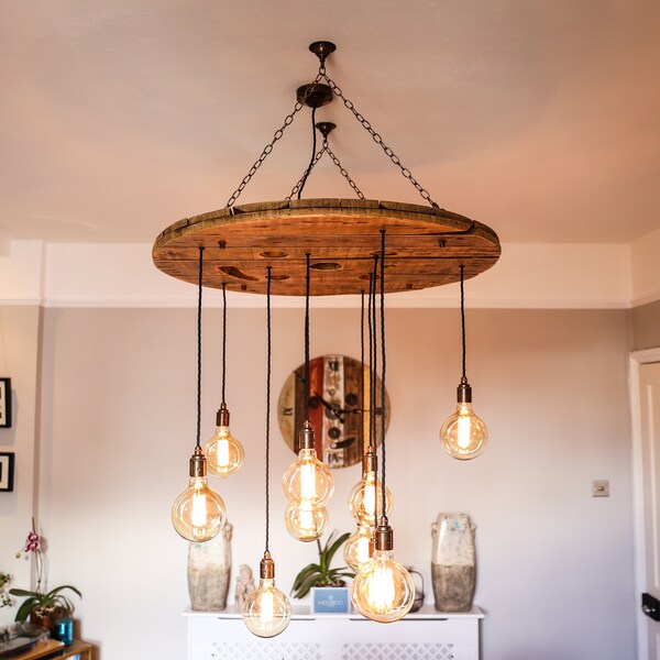 Rustic Elegance Cable Reel Cascade Chandelier Wooden Ceiling Ceiling Cluster Pendant Light