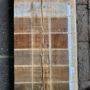 May include: Wood stain color chart with different wood types and finishes. The chart shows the colors of Jacobean Dark Oak, Georgian Medium Oak, American Walnut, Deep Mahogany, Indian Rosewood, White Ash, and Oil.
