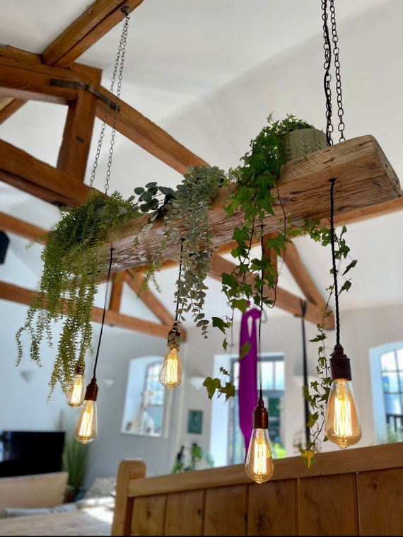 Reclaimed Wood Beam Chandelier | Rustic Plant Display Light (Water-Resistant)