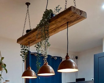 Handmade Wooden Beam Chandelier | Copper Pendant Lights, Rustic Farmhouse Kitchen Island Lighting