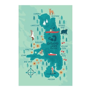 May include: A teal-colored map of Flathead Lake, Montana, with illustrations of wildlife, boats, and landmarks. The map includes the names of towns and bays, a compass rose, and decorative elements like trees and flowers.