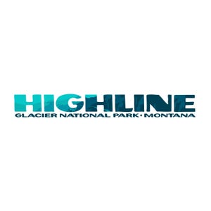 May include: The word "HIGHLINE" in a teal and navy blue color scheme, with a mountain range design within the letters. Below, the text reads "GLACIER NATIONAL PARK • MONTANA" in navy blue.