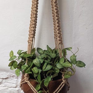 May include: A hanging macramé plant holder with a wooden bowl, filled with green and white leafy plants. The macramé is made of tan rope and hangs against a white brick wall.