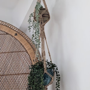 May include: A macrame plant hanger with two ceramic pots, one brown and one teal, each holding trailing greenery. The hanger is suspended from a wooden hook, with a woven wicker chair visible in the background.