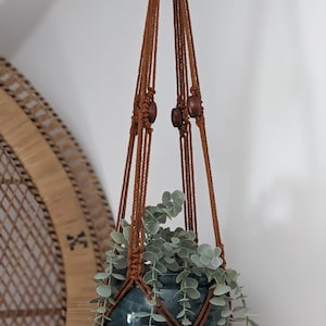 May include: A macrame plant hanger with brown rope and wooden beads holds a green ceramic pot with a leafy plant.