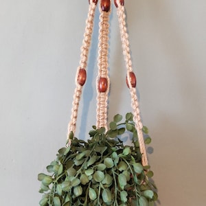 Può includere: Un portavasi in macramè con perline di legno, appeso a un gancio su una parete blu chiaro. Una pianta verde con foglie è appesa al macramè.