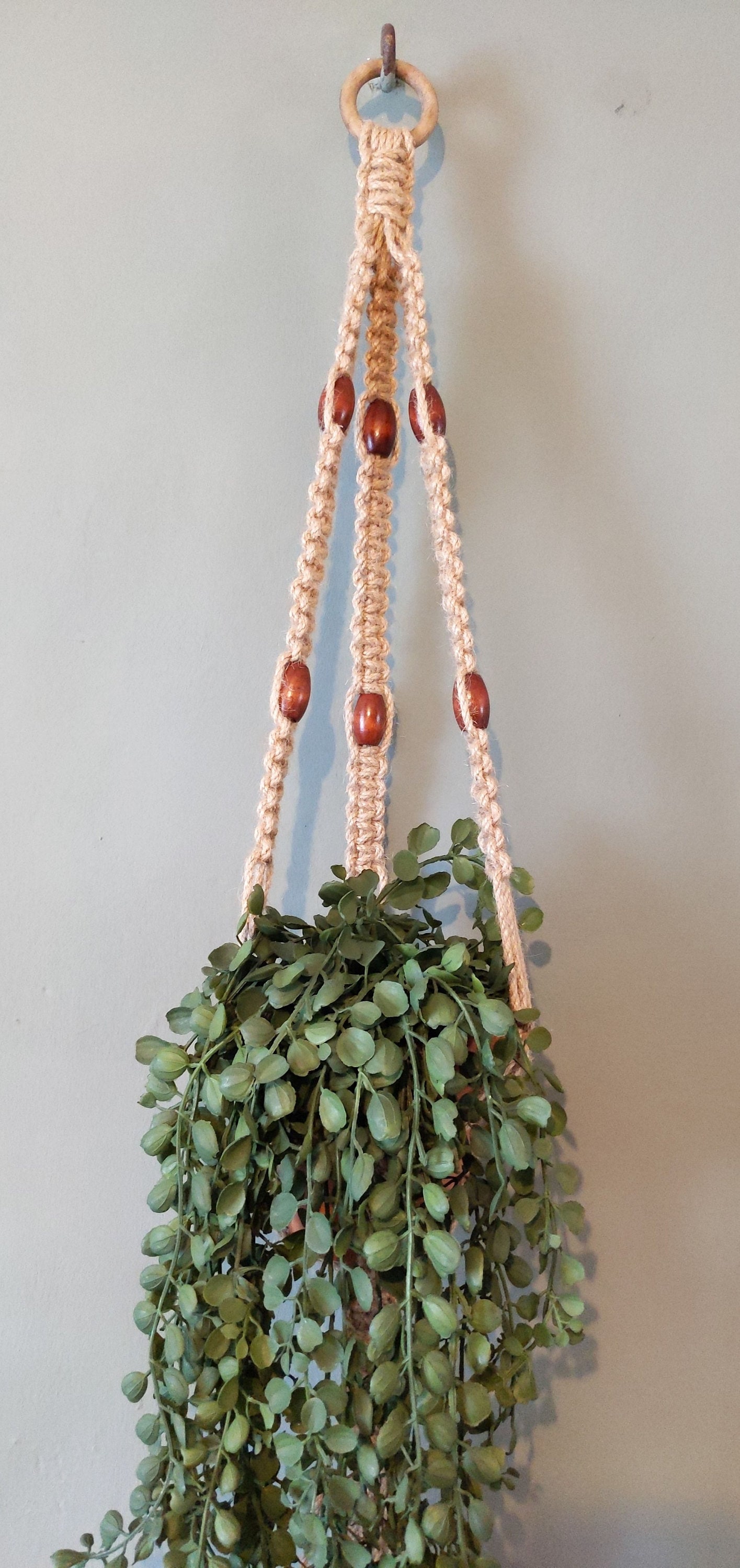 Natural Jute & Wooden Bead Plant Hanger, Handmade Rustic Decor for Pots, Jute plant hanger, natural plant hanger, beaded plant hanger